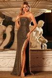 Sparkly Black Golden Strapless Sheath Sequins Beaded Long Prom Dress with Slit