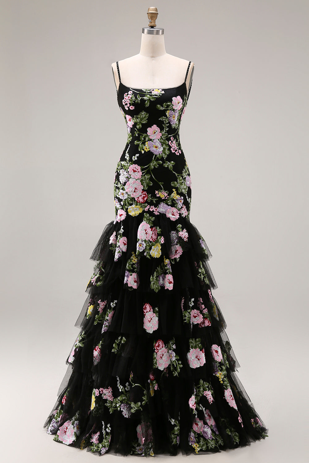 ZAPAKA Women Black Pink Flower Long Prom Dress with Ruffles Mermaid Spaghetti Straps Sequin Evening Party Dress with Lace Up Back, Black Pink Flower / ZAPAKA Women Black Pink Flower Long Prom Dress with Ruffles Mermaid Spaghetti Straps Sequin Evening Party Dress with Lace Up Back, Black Pink Flower /
