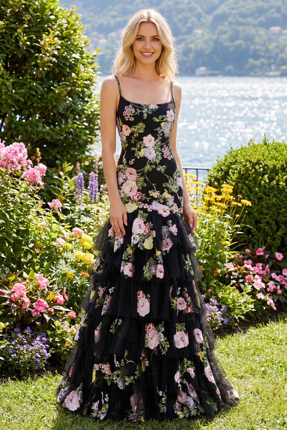 black prom dress with pink flowers Black Prom Dresses,Lace Prom Dress,Floral Prom Dress,Princess Prom Dress,PD00231, US26W / Burgundy