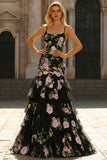 Black Floral Ruffled Mermaid Sequin Long Prom Dress with Lace Up Back