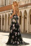 Black Floral Ruffled Mermaid Sequin Long Prom Dress with Lace Up Back