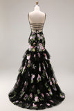 Black Pink Flower Mermaid Ruffled Sequin Long Prom Dress with Lace Up Back