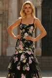 Black Floral Ruffled Mermaid Sequin Long Prom Dress with Lace Up Back