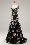Black Pink Flower Mermaid Ruffled Sequin Long Prom Dress with Lace Up Back