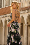 Black Floral Ruffled Mermaid Sequin Long Prom Dress with Lace Up Back