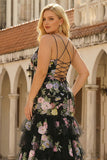 Black Pink Flower Mermaid Ruffled Long Plus Size Prom Dress with Lace Up Back