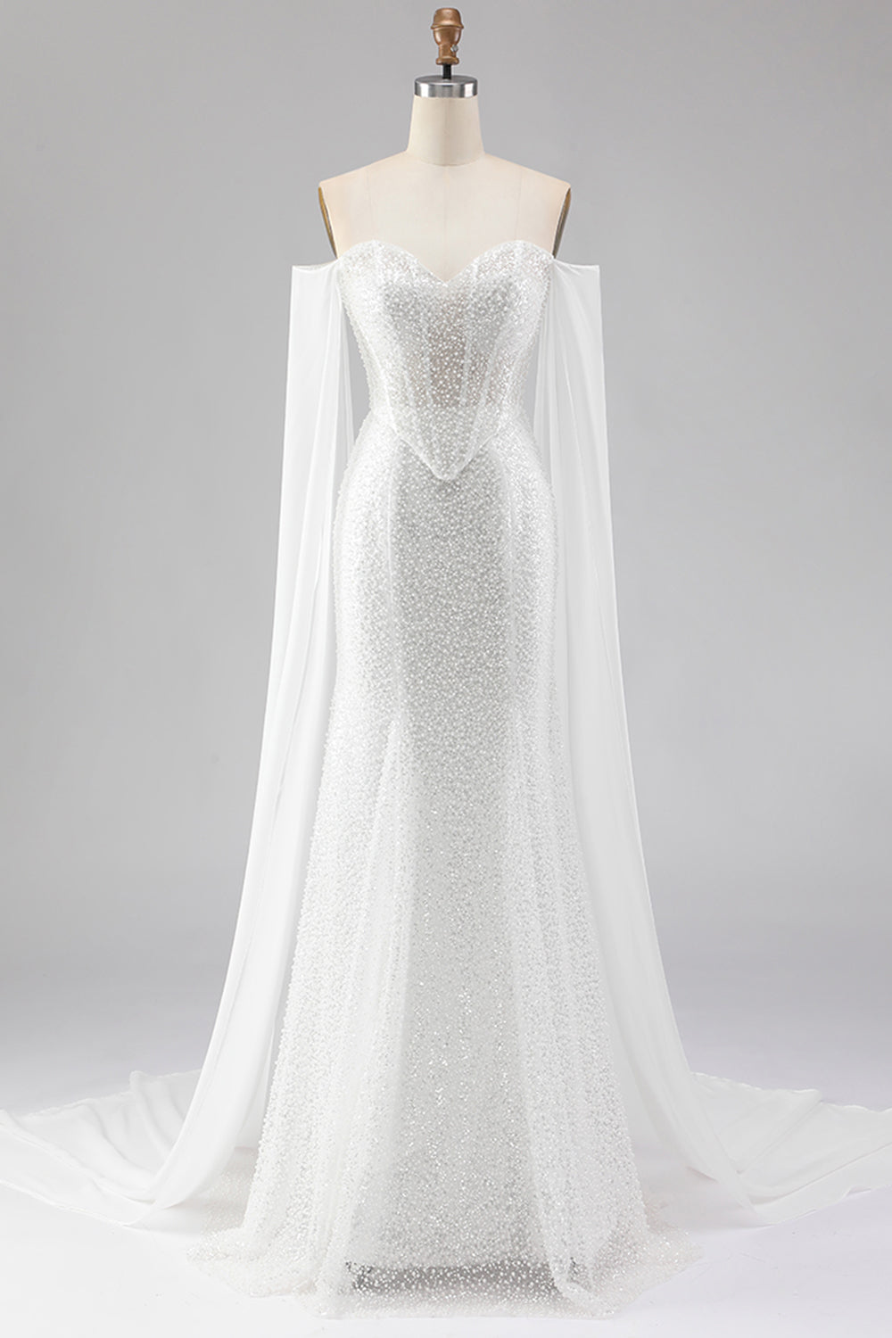 Zapaka Women White Long Prom Dress with Beading Mermaid Sweetheart Sequins Corset Party Dress with Cape ZAPAKA Zapaka Women White Long Prom Dress with Beading Mermaid Sweetheart Sequins Corset Party Dress with Cape ZAPAKA
