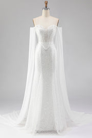 White Mermaid Beaded Sweetheart Sequin Long Prom Dress with Cape