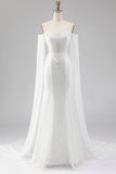 White Mermaid Beaded Sweetheart Sequin Long Prom Dress with Cape