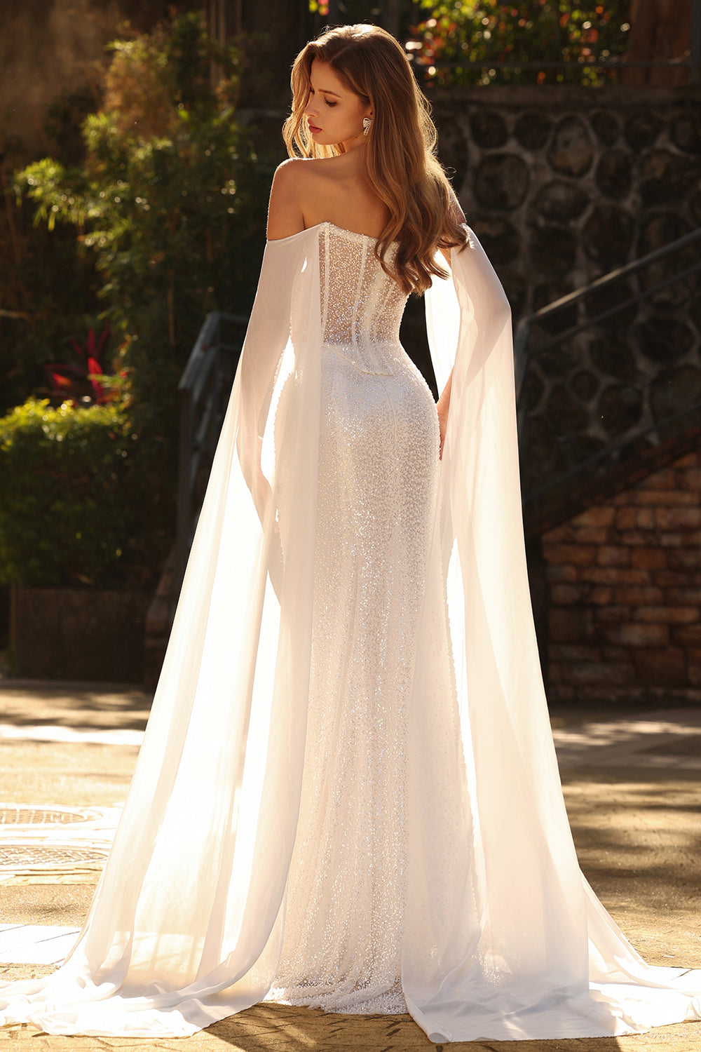 Zapaka Women Sparkly White Long Prom Dress with Beading Basque Waist Sweetheart Sequins Mermaid Corset Party Dress with Cape, White / US24W
