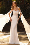 White Beaded Sweetheart Mermaid Basque Waist Sequin Long Prom Dress with Cape