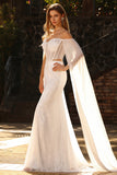 White Beaded Sweetheart Mermaid Basque Waist Sequin Long Prom Dress with Cape