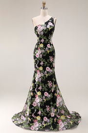 Black One-Shoulder Floral Mermaid Long Prom Dress with Train