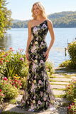 Black One-Shoulder Floral Mermaid Long Prom Dress with Train