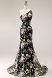 Black One-Shoulder Floral Mermaid Long Prom Dress with Train