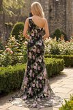 Black One-Shoulder Floral Mermaid Long Prom Dress with Train