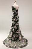Black One-Shoulder Floral Mermaid Long Prom Dress with Train