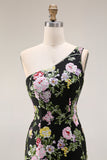 Black One-Shoulder Floral Mermaid Long Prom Dress with Train