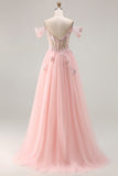 Pink A Line Off the Shoulder Beaded Sheer Corset Long Prom Dress with Sequins