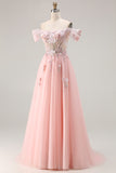 Pink A Line Off the Shoulder Beaded Sheer Corset Long Prom Dress with Sequins
