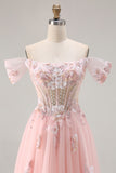 Pink A Line Off the Shoulder Beaded Sheer Corset Long Prom Dress with Sequins