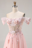 Pink A Line Off the Shoulder Beaded Sheer Corset Long Prom Dress with Sequins