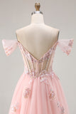 Pink A Line Off the Shoulder Beaded Sheer Corset Long Prom Dress with Sequins