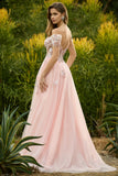 Pink A Line Off the Shoulder Beaded Sheer Corset Long Prom Dress with Sequins