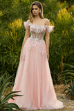 Pink A Line Beaded Off the Shoulder Sheer Corset Long Prom Dress with Sequins