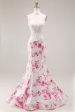 White Fuchsia Flower Lace Corset Mermaid Long Prom Dress