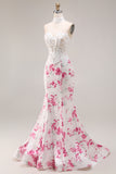 White Fuchsia Flower Lace Corset Mermaid Long Prom Dress