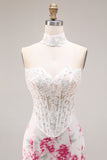 White Fuchsia Flower Lace Corset Mermaid Long Prom Dress