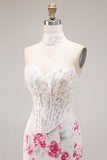 White Fuchsia Flower Lace Corset Mermaid Long Prom Dress