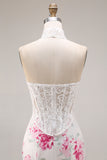 White Fuchsia Flower Lace Corset Mermaid Long Prom Dress