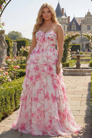 Strapless White Fuchsia Flower Ruffled A-Line Long Plus Size Prom Dress