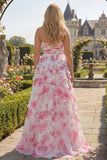 Strapless White Fuchsia Flower Ruffled A-Line Long Plus Size Prom Dress