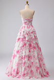 White Fuchsia Flower Strapless Pleated A-Line Long Prom Dress with Ruffles