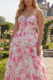 Strapless White Fuchsia Flower Ruffled A-Line Long Plus Size Prom Dress