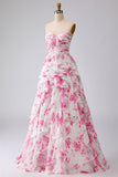 White Fuchsia Flower Strapless Pleated A-Line Long Prom Dress with Ruffles