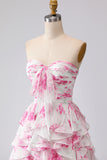 White Fuchsia Flower Strapless Pleated A-Line Long Prom Dress with Ruffles