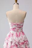White Fuchsia Flower Strapless Pleated A-Line Long Prom Dress with Ruffles