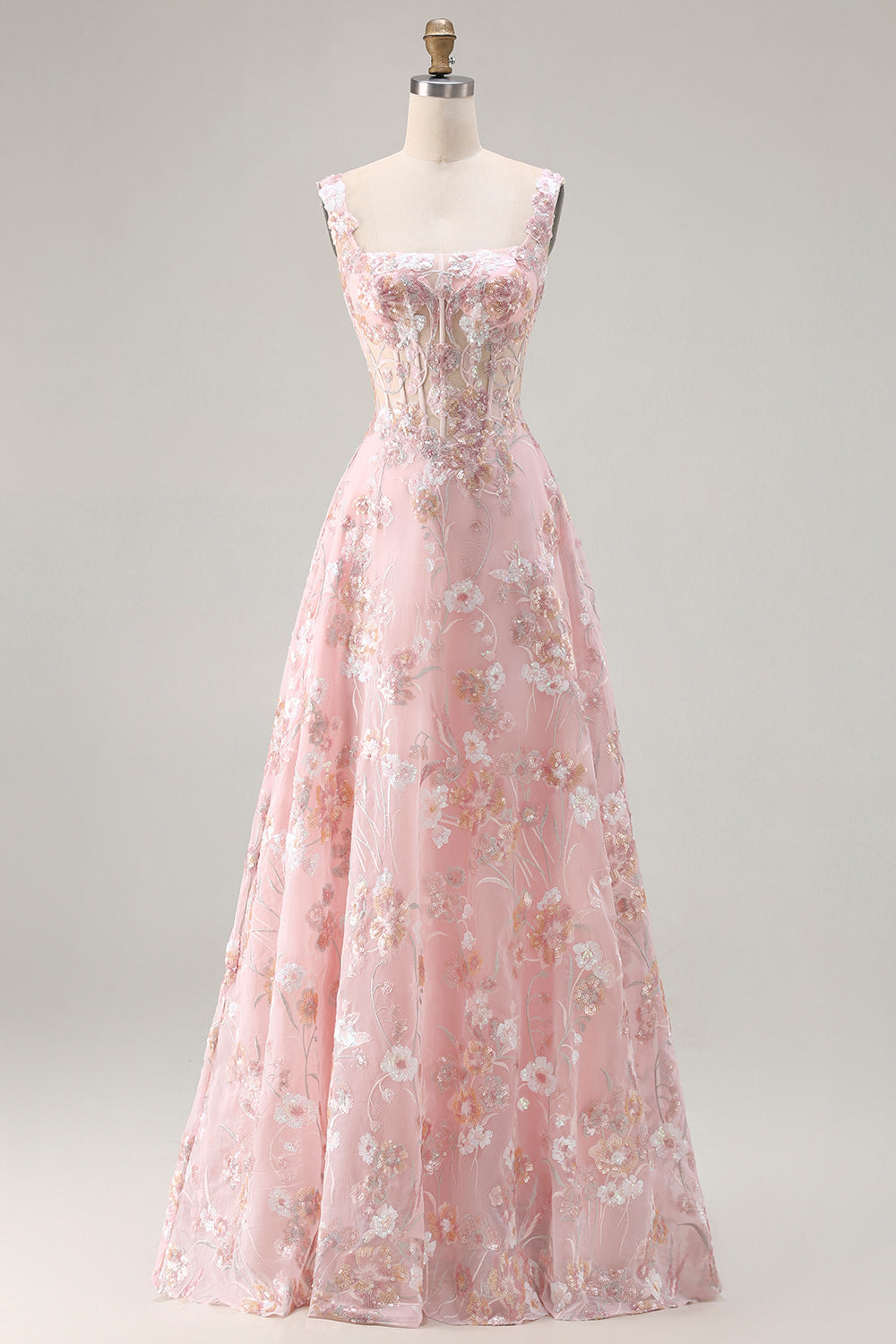 Zapaka Women Pink Long Prom Dress Floral Corset Sequin A Line Party Dress with Embroidery ZAPAKA Zapaka Women Pink Long Prom Dress Floral Corset Sequin A Line Party Dress with Embroidery ZAPAKA