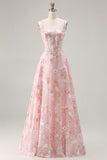 Pink Corset A Line Embroidered Long Floral Prom Dress with Sequins