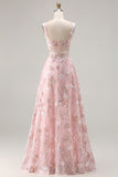 Pink Corset A Line Embroidered Long Floral Prom Dress with Sequins