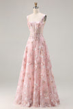 Pink Corset Sequin A Line Floral Long Prom Dress with Embroidery