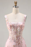 Pink Corset Sequin A Line Floral Long Prom Dress with Embroidery