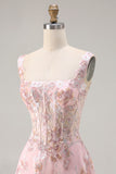 Pink Corset Sequin A Line Floral Long Prom Dress with Embroidery