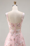 Pink Corset Sequin A Line Floral Long Prom Dress with Embroidery