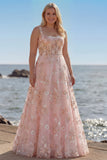 Pink Corset A Line Embroidered Long Floral Prom Dress with Sequins