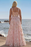 Pink Corset Sequin A Line Floral Long Plus Size Prom Dress with Embroidery